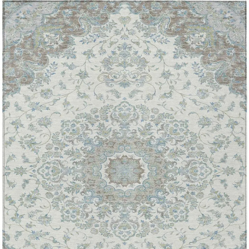 9' X 12' Ivory And Silver Floral Medallion Washable Indoor Outdoor Area Rug Homeroots Outdoor