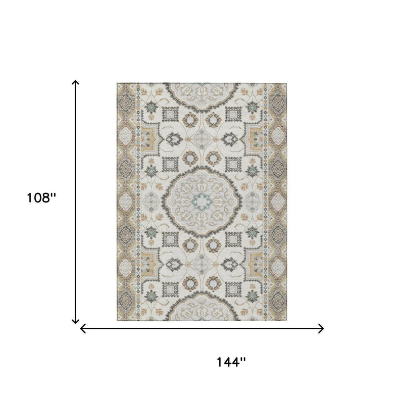 9' X 12' Ivory And Silver Floral Medallion Washable Indoor Outdoor Area Rug Homeroots Outdoor