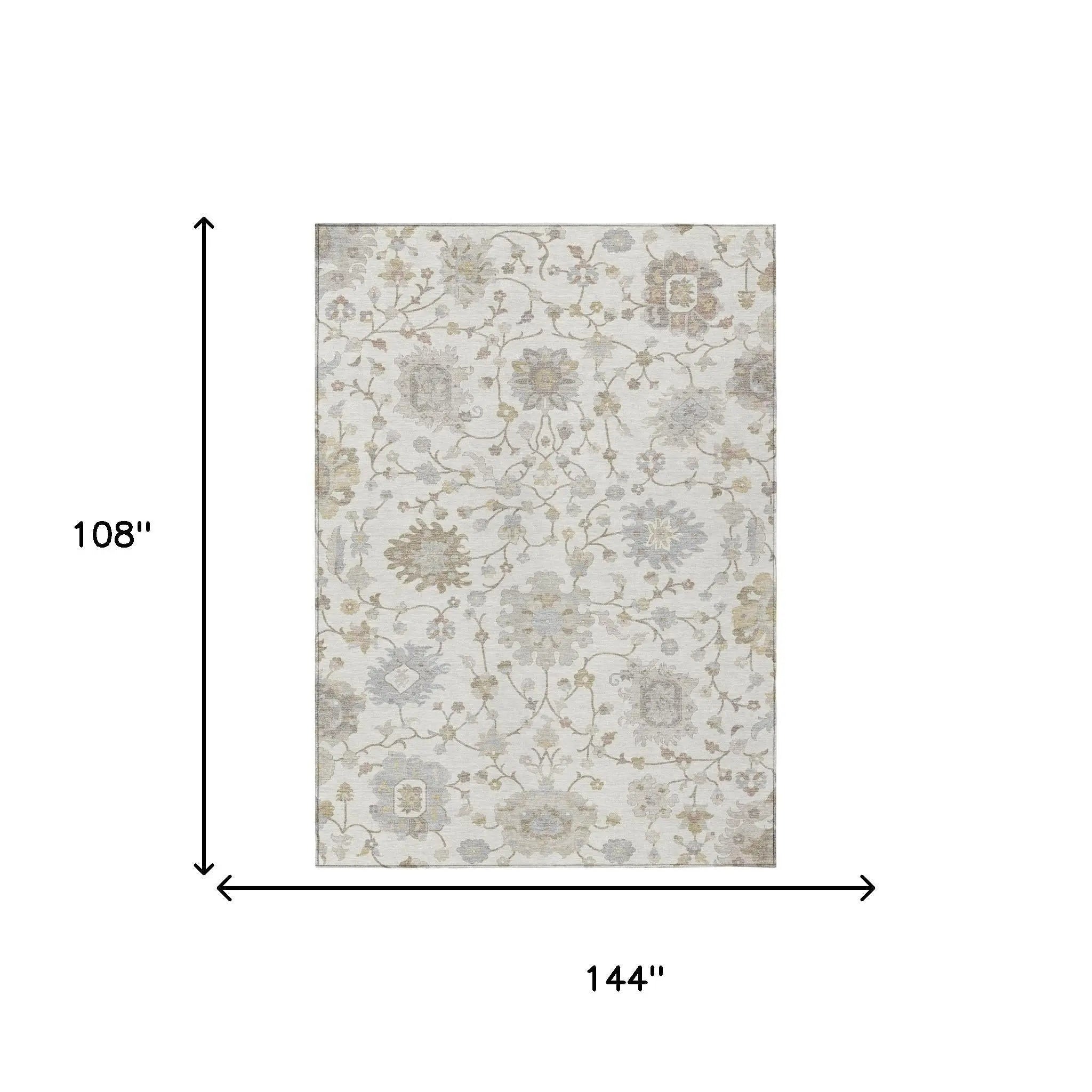 9' X 12' Ivory And Silver Floral Washable Indoor Outdoor Area Rug Homeroots Outdoor