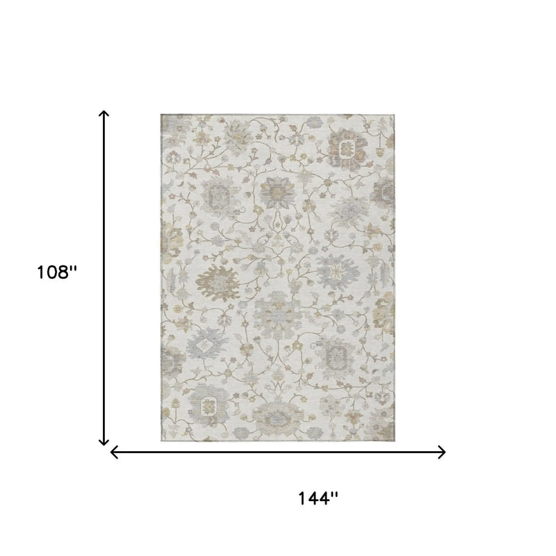 9' X 12' Ivory And Silver Floral Washable Indoor Outdoor Area Rug Homeroots Outdoor
