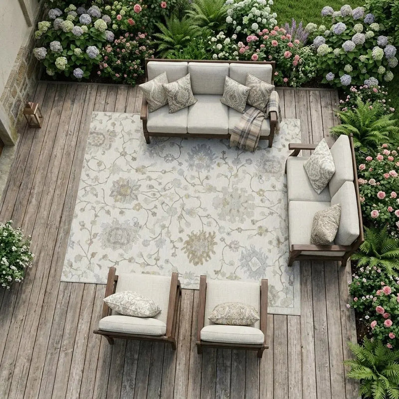 9' X 12' Ivory And Silver Floral Washable Indoor Outdoor Area Rug Homeroots Outdoor