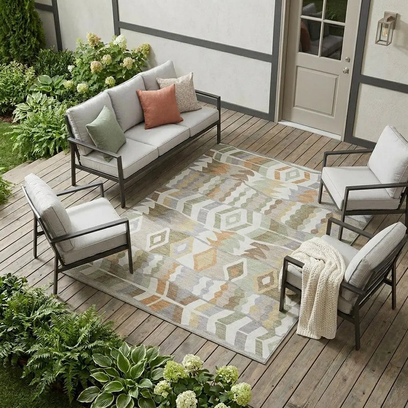 9' X 12' Ivory And Silver Geometric Washable Indoor Outdoor Area Rug Homeroots Outdoor