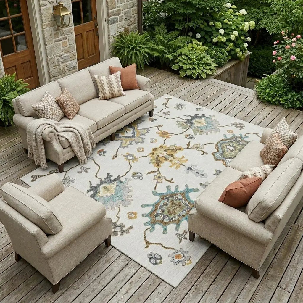 9' X 12' Ivory And Silver Oriental Washable Indoor Outdoor Area Rug Homeroots Outdoor
