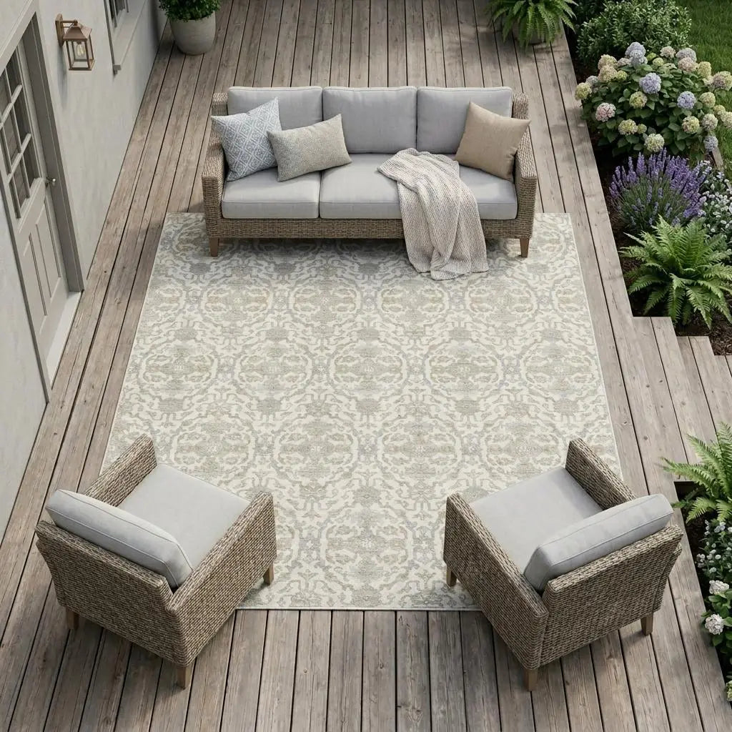 9' X 12' Ivory And Silver Oriental Washable Indoor Outdoor Area Rug Homeroots Outdoor