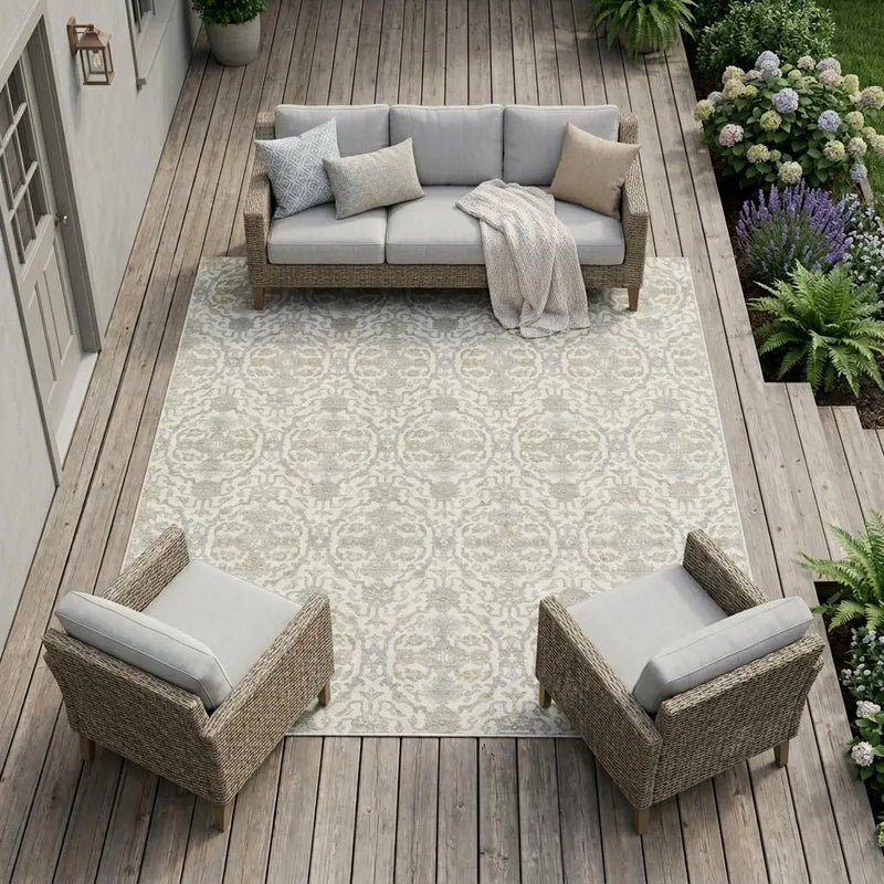 9' X 12' Ivory And Silver Oriental Washable Indoor Outdoor Area Rug Homeroots Outdoor