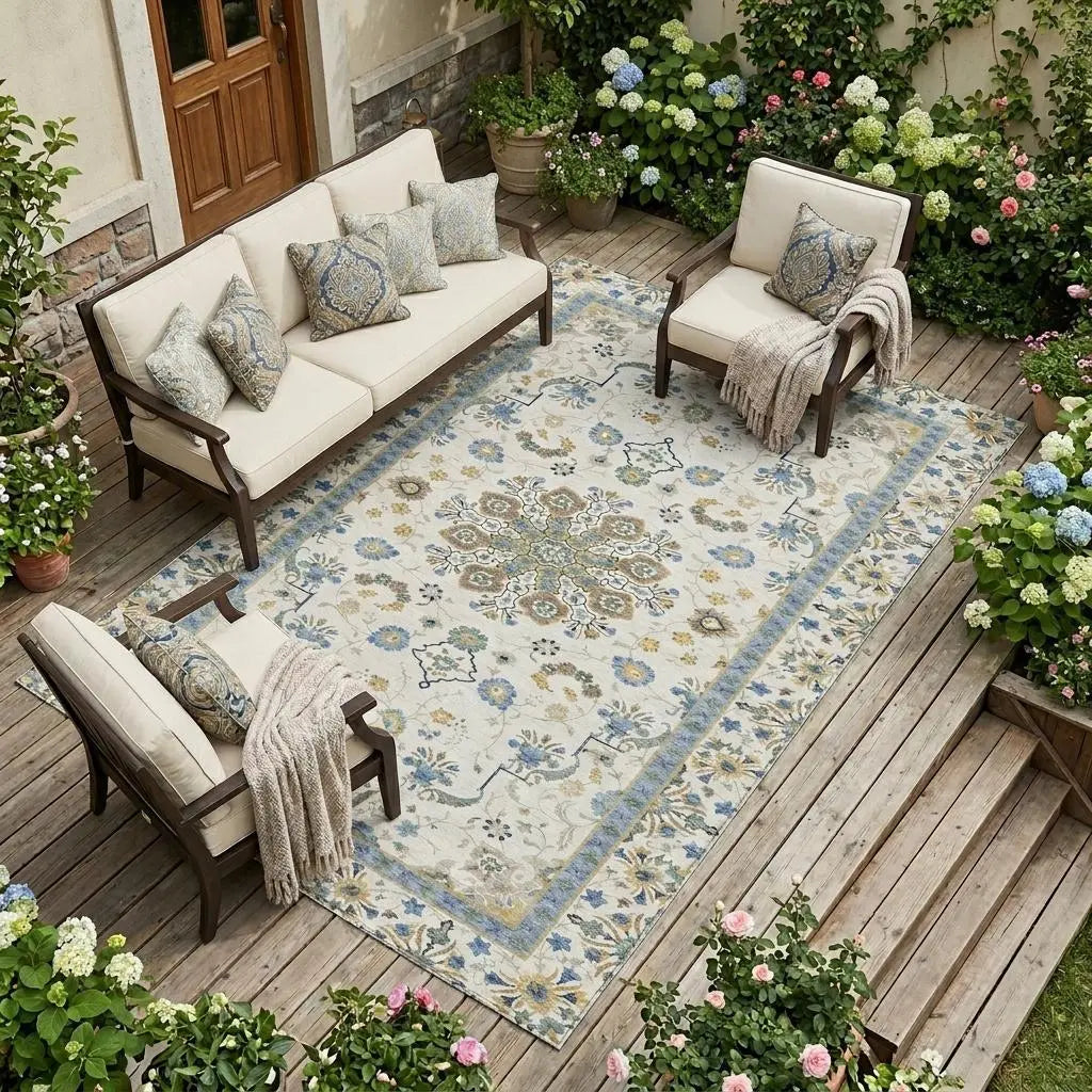 9' X 12' Ivory And Silver Oriental Washable Indoor Outdoor Area Rug Homeroots Outdoor