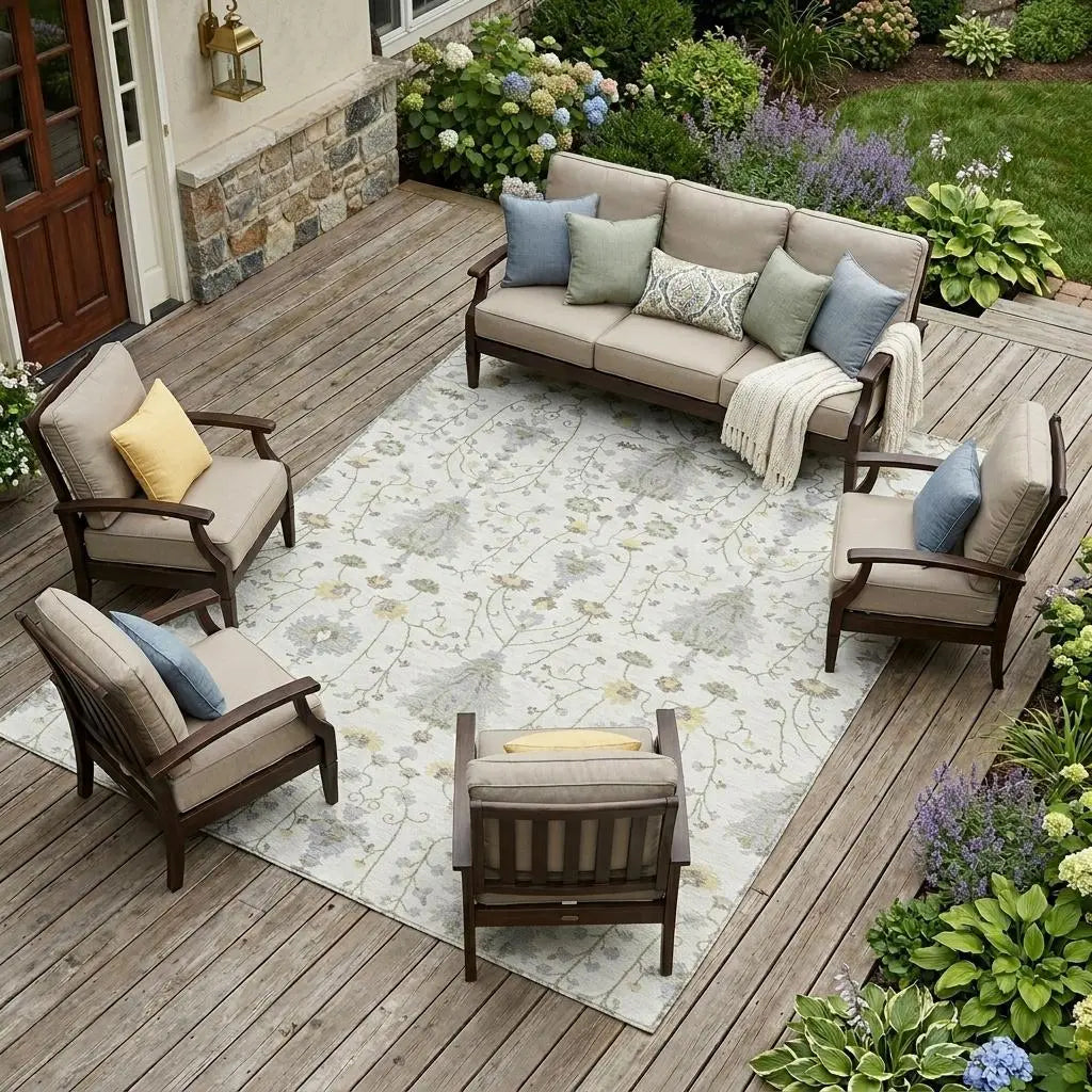 9' X 12' Ivory And Silver Oriental Washable Indoor Outdoor Area Rug Homeroots Outdoor