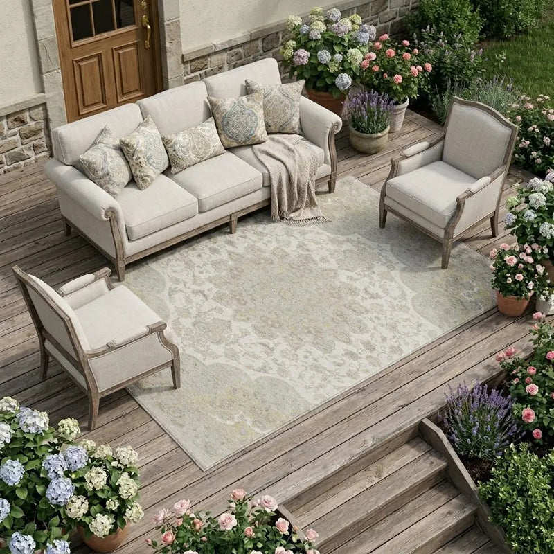 9' X 12' Ivory And Silver Oriental Washable Indoor Outdoor Area Rug Homeroots Outdoor