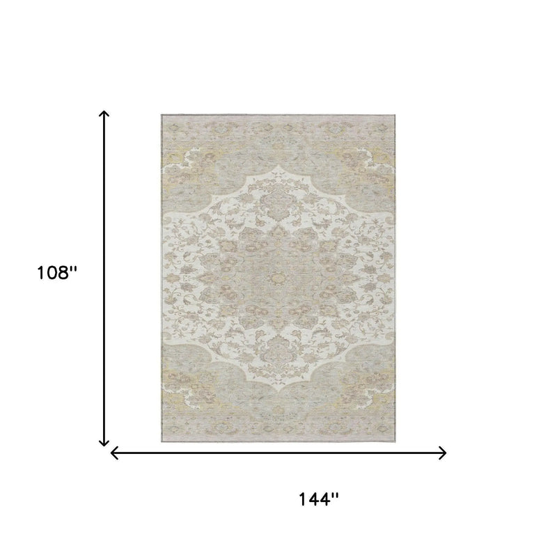 9' X 12' Ivory And Silver Oriental Washable Indoor Outdoor Area Rug Homeroots Outdoor