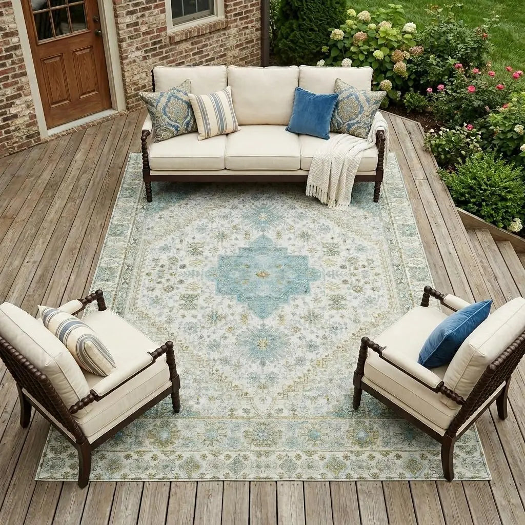 9' X 12' Ivory And Silver Oriental Washable Indoor Outdoor Area Rug Homeroots Outdoor