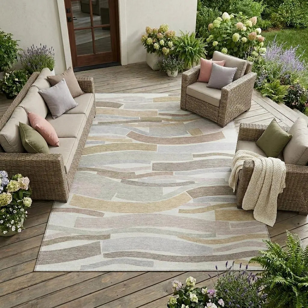 Beige and gray abstract outdoor rug, woven design, perfect for patio or deck, paired with wicker furniture and cushions.