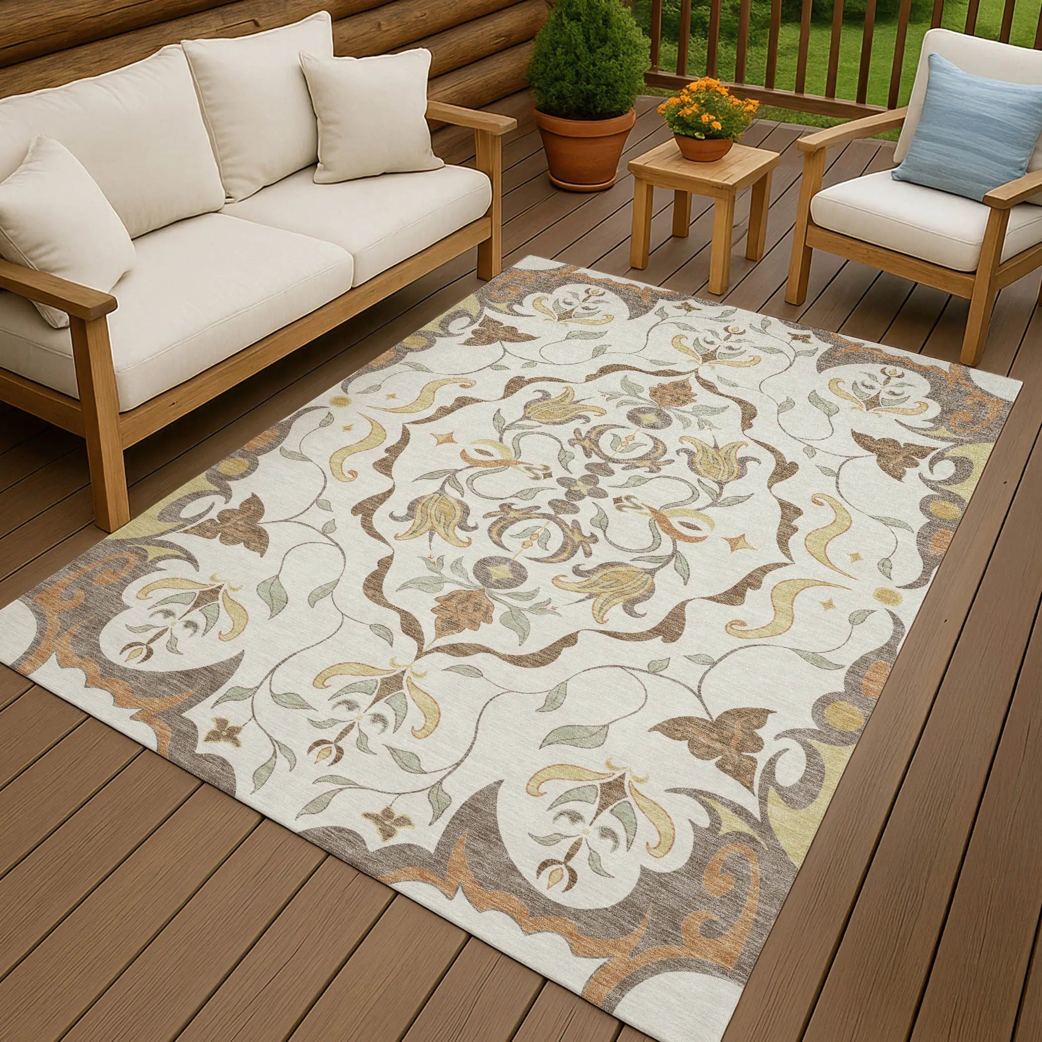 9' X 12' Ivory And Taupe Damask Washable Indoor Outdoor Area Rug Homeroots Outdoor