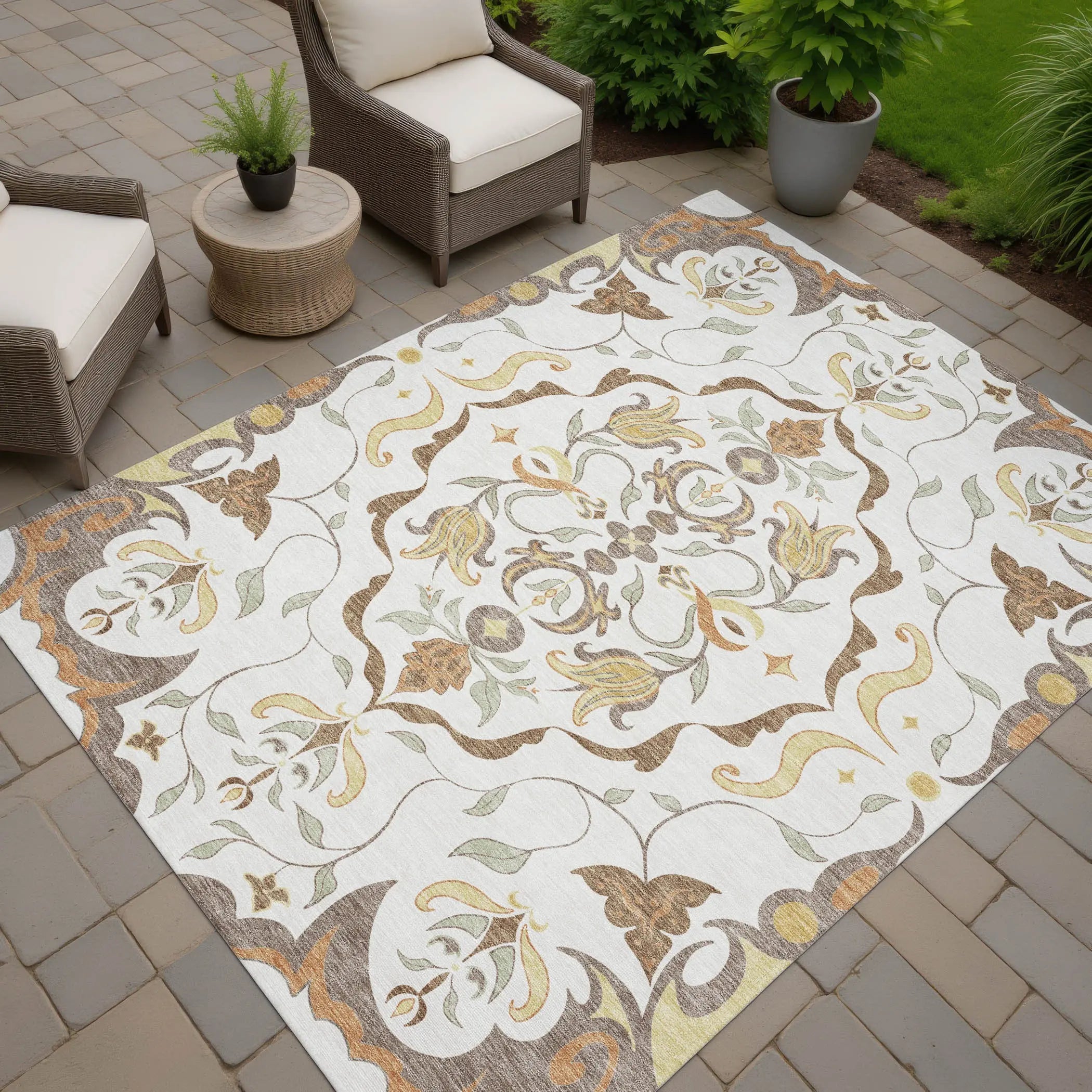 9' X 12' Ivory And Taupe Damask Washable Indoor Outdoor Area Rug Homeroots Outdoor