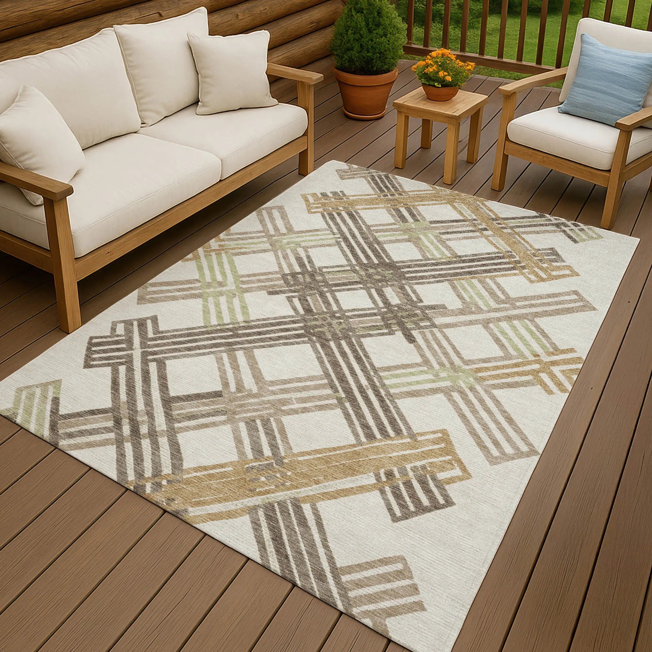 9' X 12' Ivory And Taupe Geometric Washable Indoor Outdoor Area Rug Homeroots Outdoor