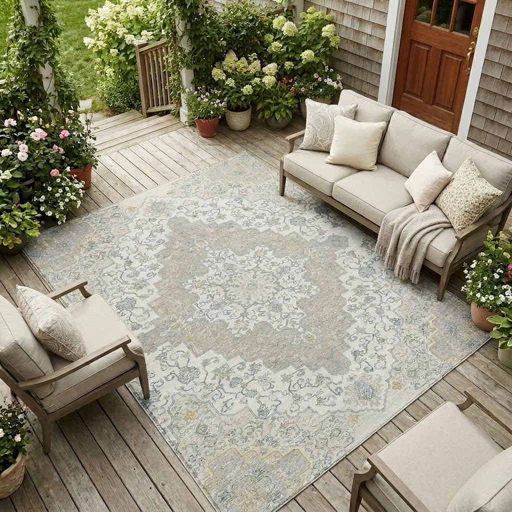 9' X 12' Ivory And Taupe Medallion Washable Indoor Outdoor Area Rug Homeroots Outdoor