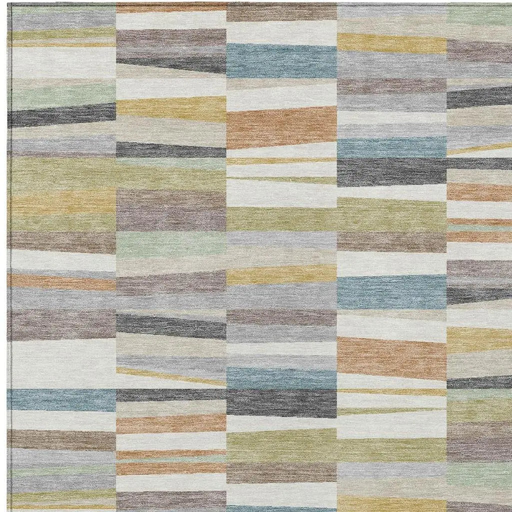 9' X 12' Ivory And Teal Blue Striped Washable Indoor Outdoor Area Rug Homeroots Outdoor