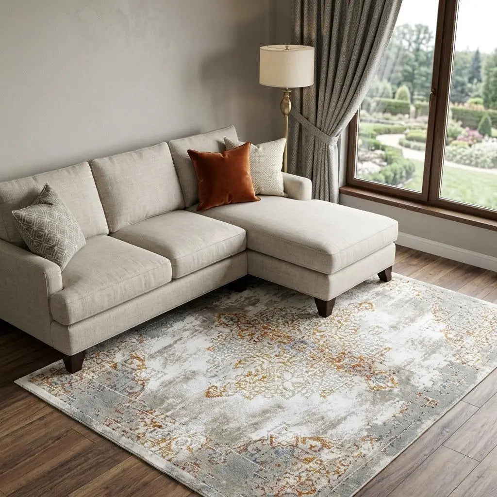 9' X 12' Ivory Blue Orange Red And Gray Medallion Area Rug Homeroots Home Decor