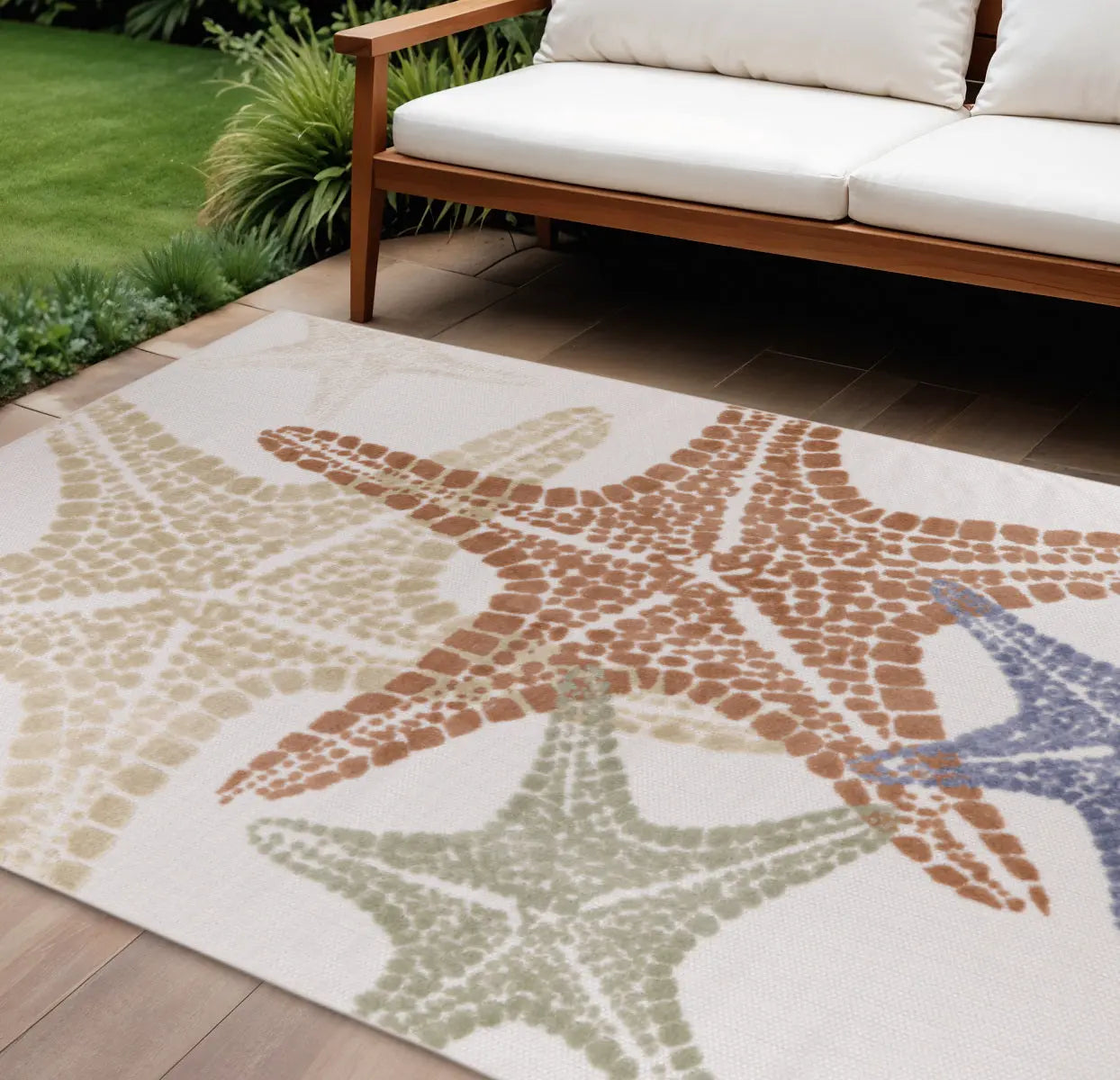 9' X 12' Ivory Blue Yellow Orange And Green Starfish Indoor Outdoor Area Rug Homeroots Outdoor