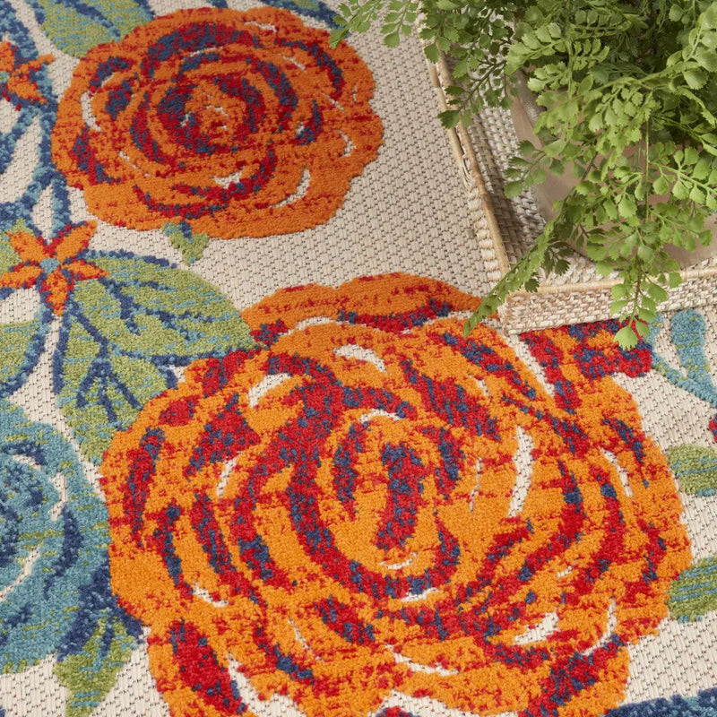 9' X 12' Ivory Green Blue Red And Orange Floral Indoor Outdoor Area Rug Homeroots Outdoor