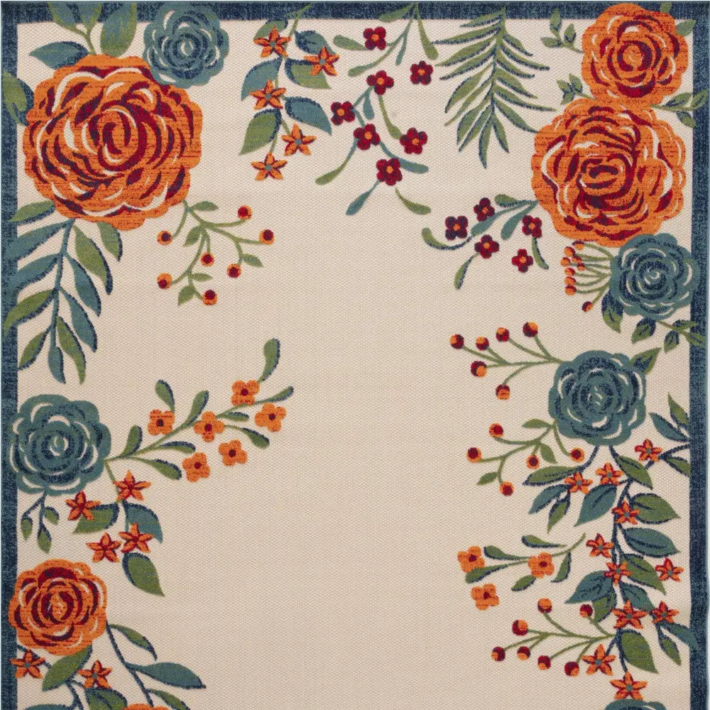 9' X 12' Ivory Green Blue Red And Orange Floral Indoor Outdoor Area Rug Homeroots Outdoor