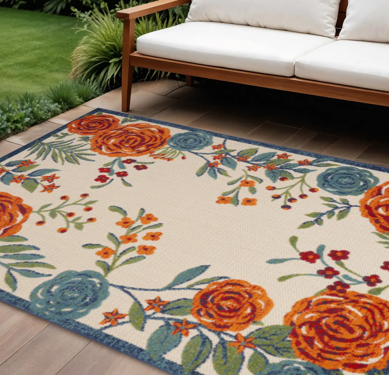 9' X 12' Ivory Green Blue Red And Orange Floral Indoor Outdoor Area Rug Homeroots Outdoor
