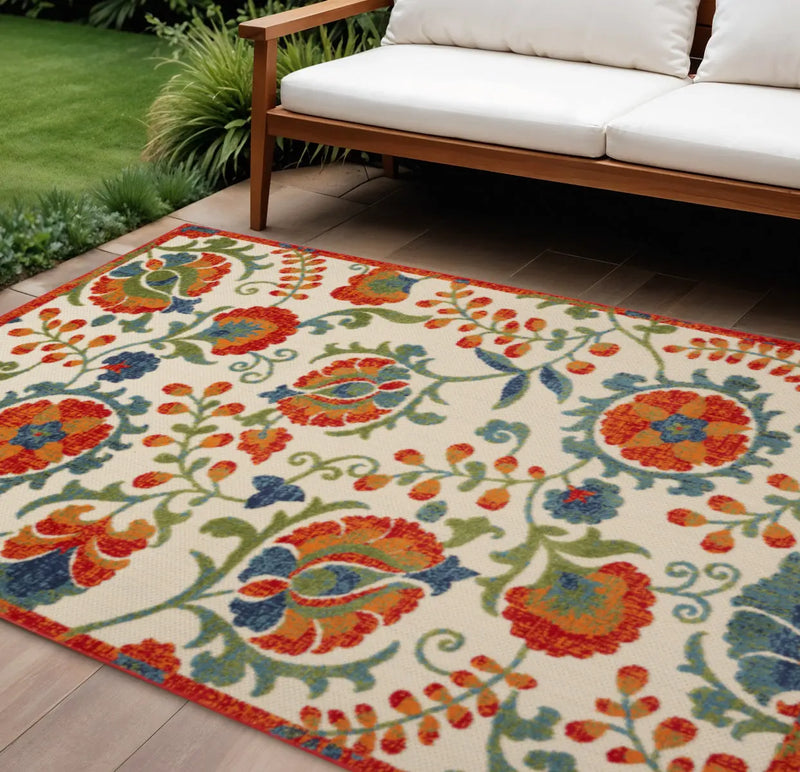 9' X 12' Ivory Red Blue And Green Floral Indoor Outdoor Area Rug Homeroots Outdoor