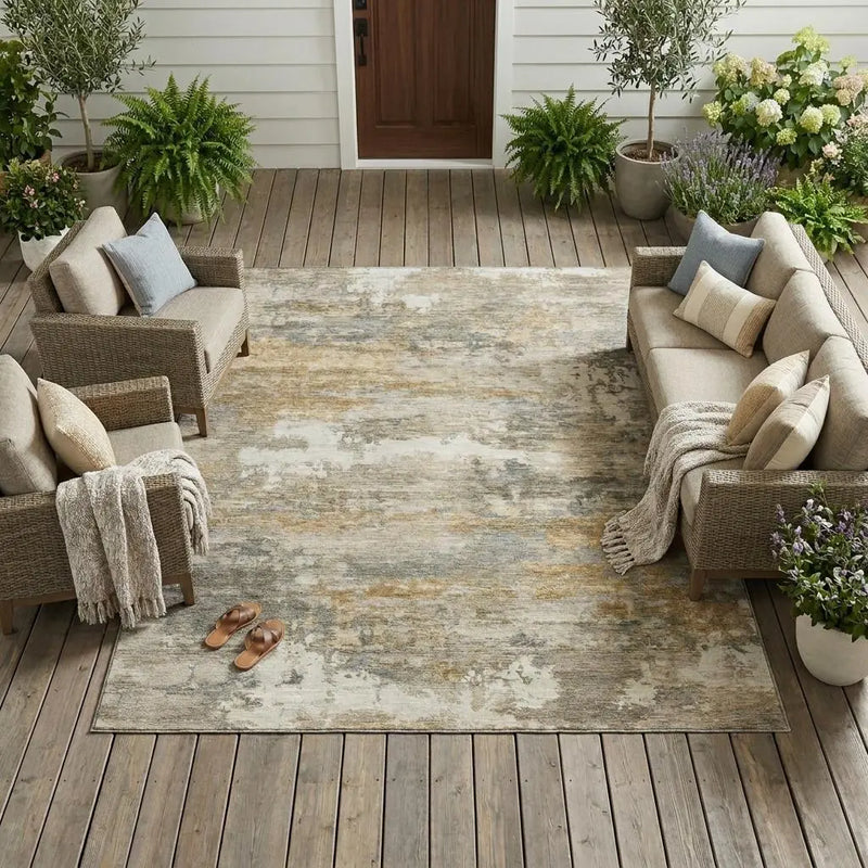 9' X 12' Khaki And Brown Abstract Washable Indoor Outdoor Area Rug Homeroots Outdoor