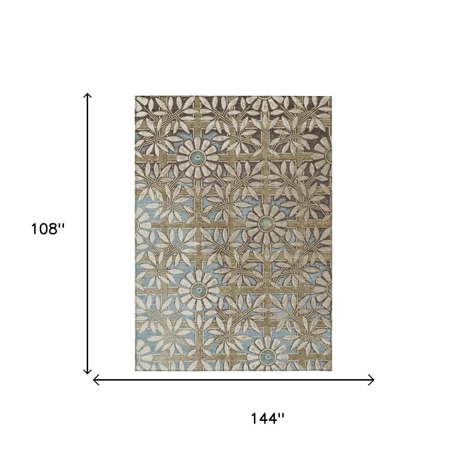 Beige and teal floral area rug, 12x9 ft, made from durable synthetic fibers, perfect for modern or bohemian decor.