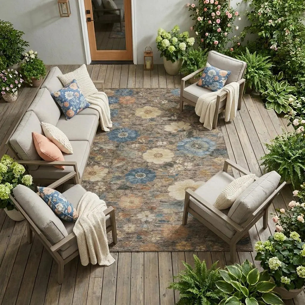 9' X 12' Khaki And Brown Floral Washable Indoor Outdoor Area Rug Homeroots Outdoor