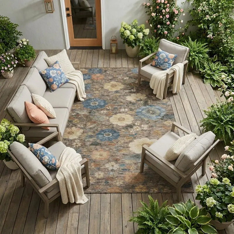 9' X 12' Khaki And Brown Floral Washable Indoor Outdoor Area Rug Homeroots Outdoor