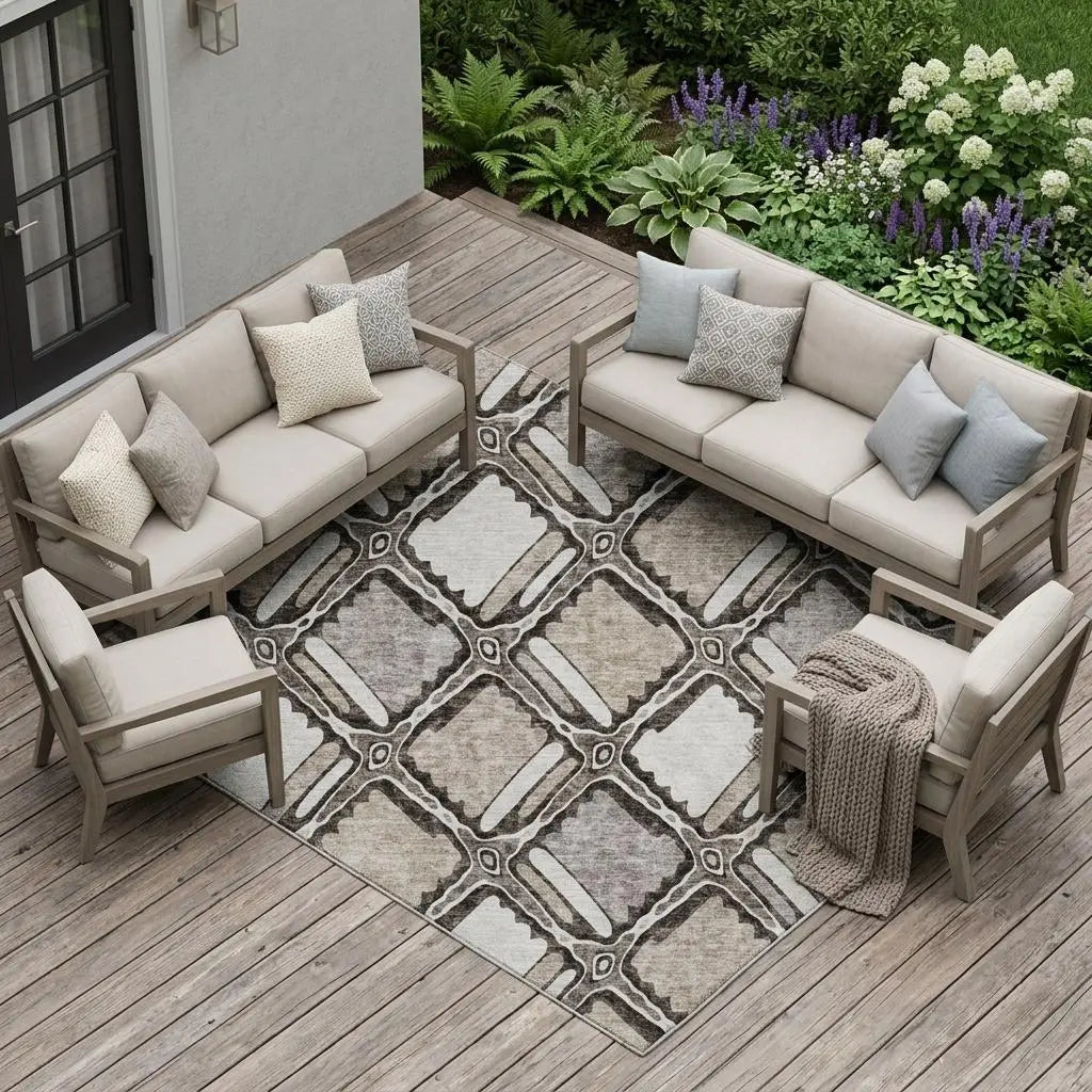 9' X 12' Khaki And Brown Geometric Washable Indoor Outdoor Area Rug Homeroots Outdoor