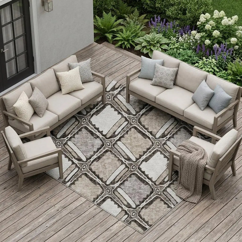 9' X 12' Khaki And Brown Geometric Washable Indoor Outdoor Area Rug Homeroots Outdoor