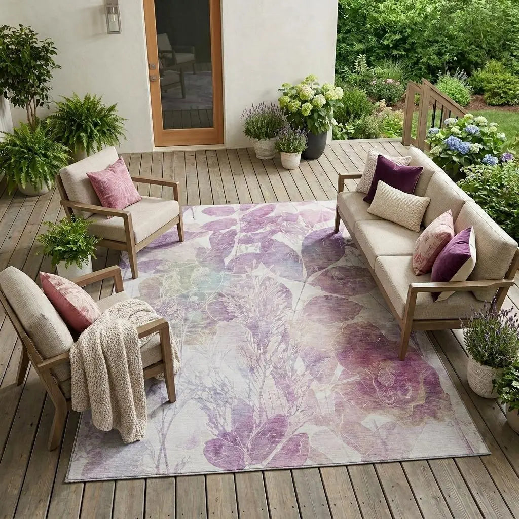 9' X 12' Lavender And Purple Botanical Leaves Washable Indoor Outdoor Area Rug Homeroots Outdoor