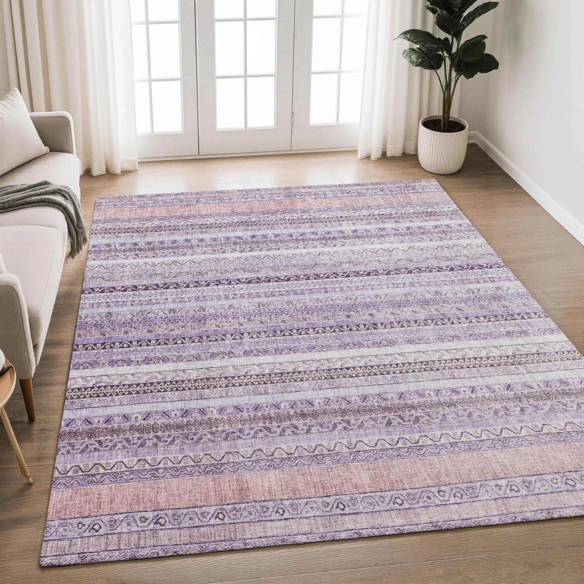 9' X 12' Lavender And Purple Striped Washable Indoor Outdoor Area Rug Homeroots Outdoor