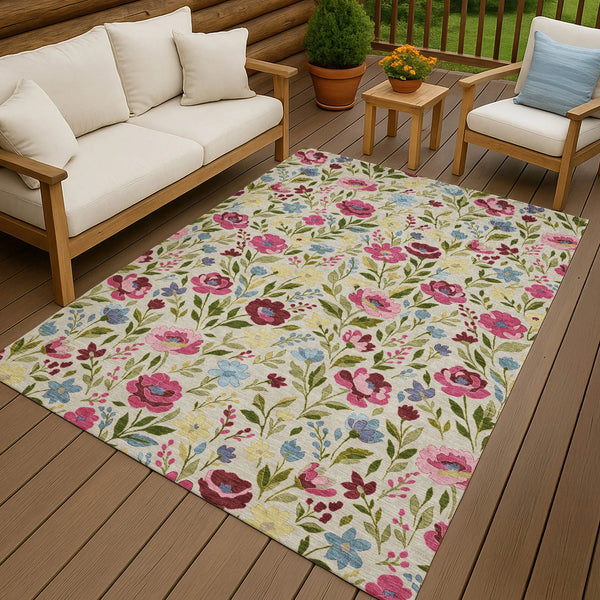 9' X 12' Linen And Blush Floral Washable Indoor Outdoor Area Rug Homeroots Outdoor