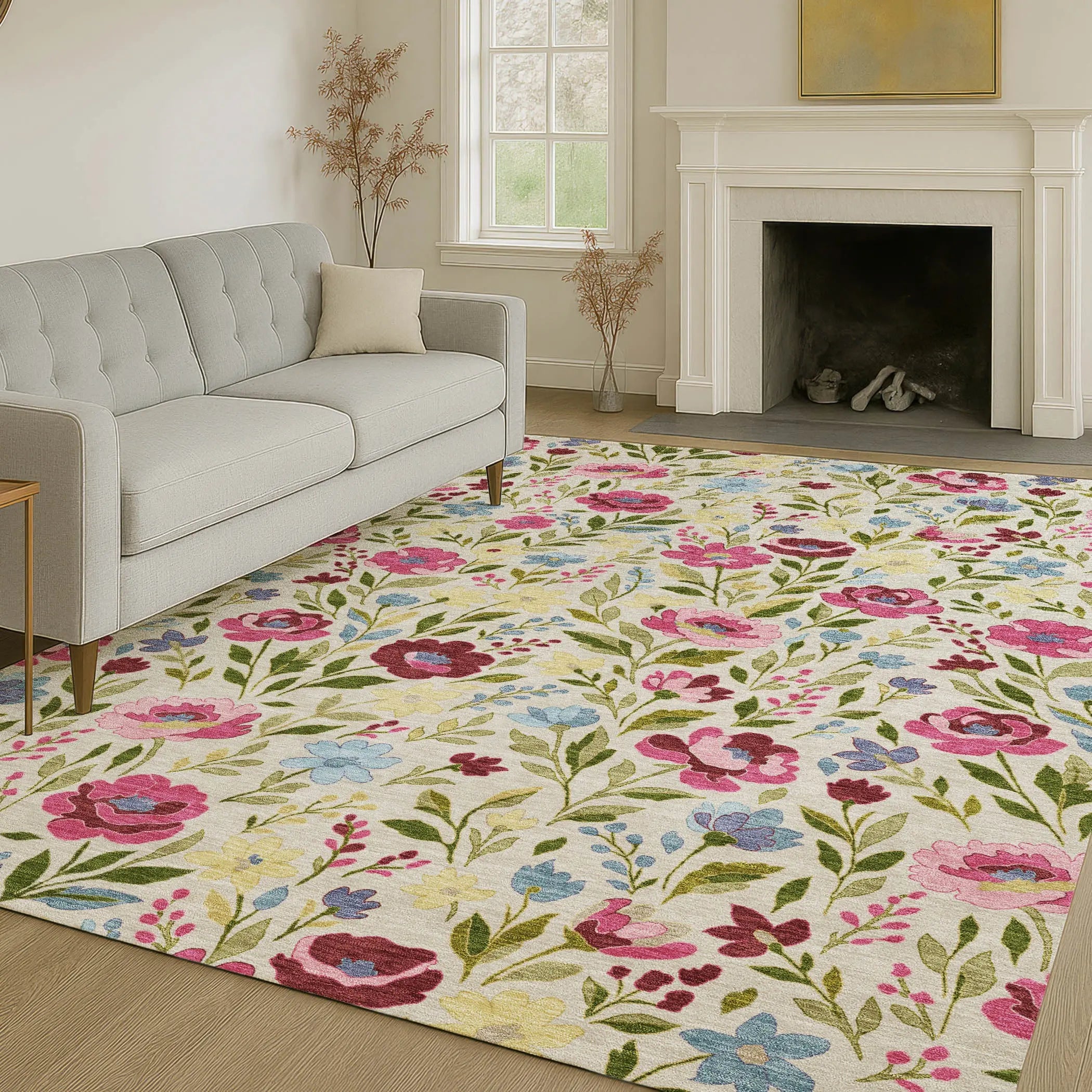 9' X 12' Linen And Blush Floral Washable Indoor Outdoor Area Rug Homeroots Outdoor