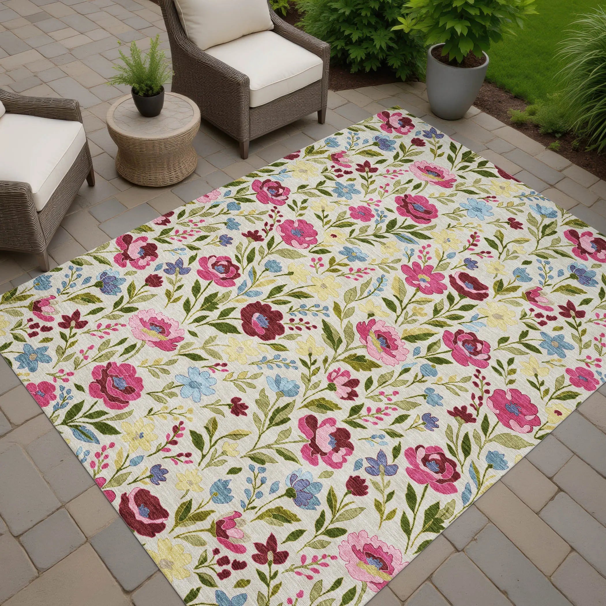 9' X 12' Linen And Blush Floral Washable Indoor Outdoor Area Rug Homeroots Outdoor