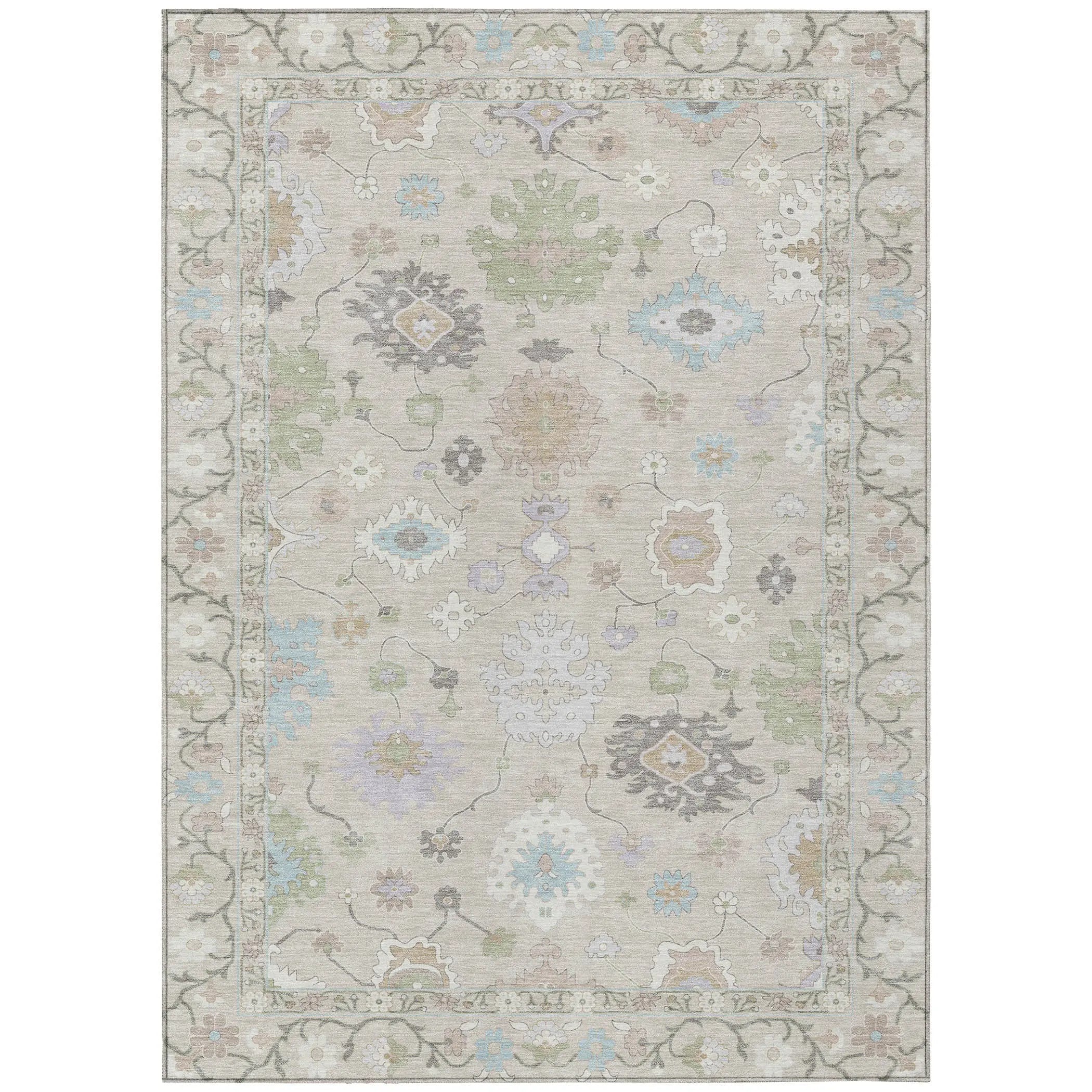 9' X 12' Linen And Fern Green Oriental Washable Indoor Outdoor Area Rug Homeroots Outdoor