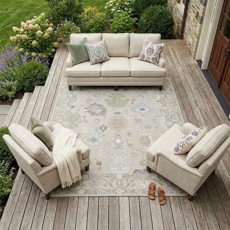 9' X 12' Linen And Fern Green Oriental Washable Indoor Outdoor Area Rug Homeroots Outdoor