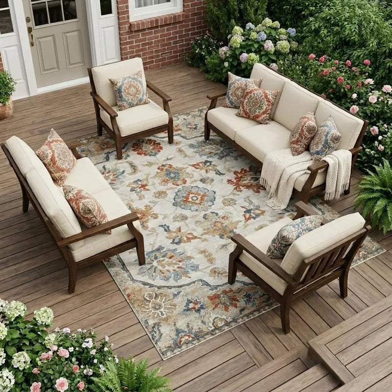 9' X 12' Linen And Ivory Floral Medallion Washable Indoor Outdoor Area Rug Homeroots Outdoor