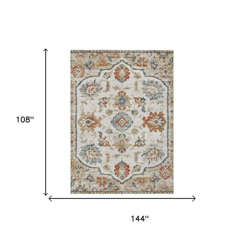 9' X 12' Linen And Ivory Floral Medallion Washable Indoor Outdoor Area Rug Homeroots Outdoor