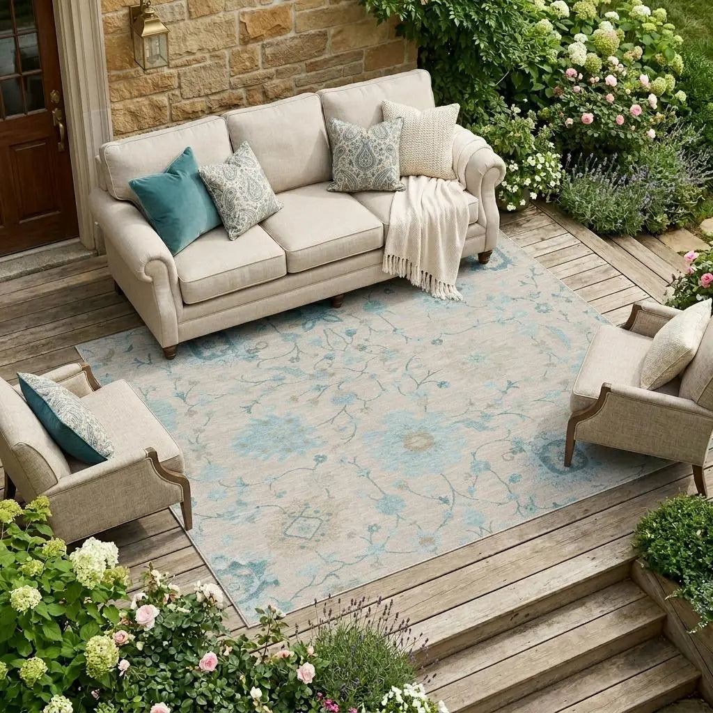 9' X 12' Linen And Ivory Floral Washable Indoor Outdoor Area Rug Homeroots Outdoor