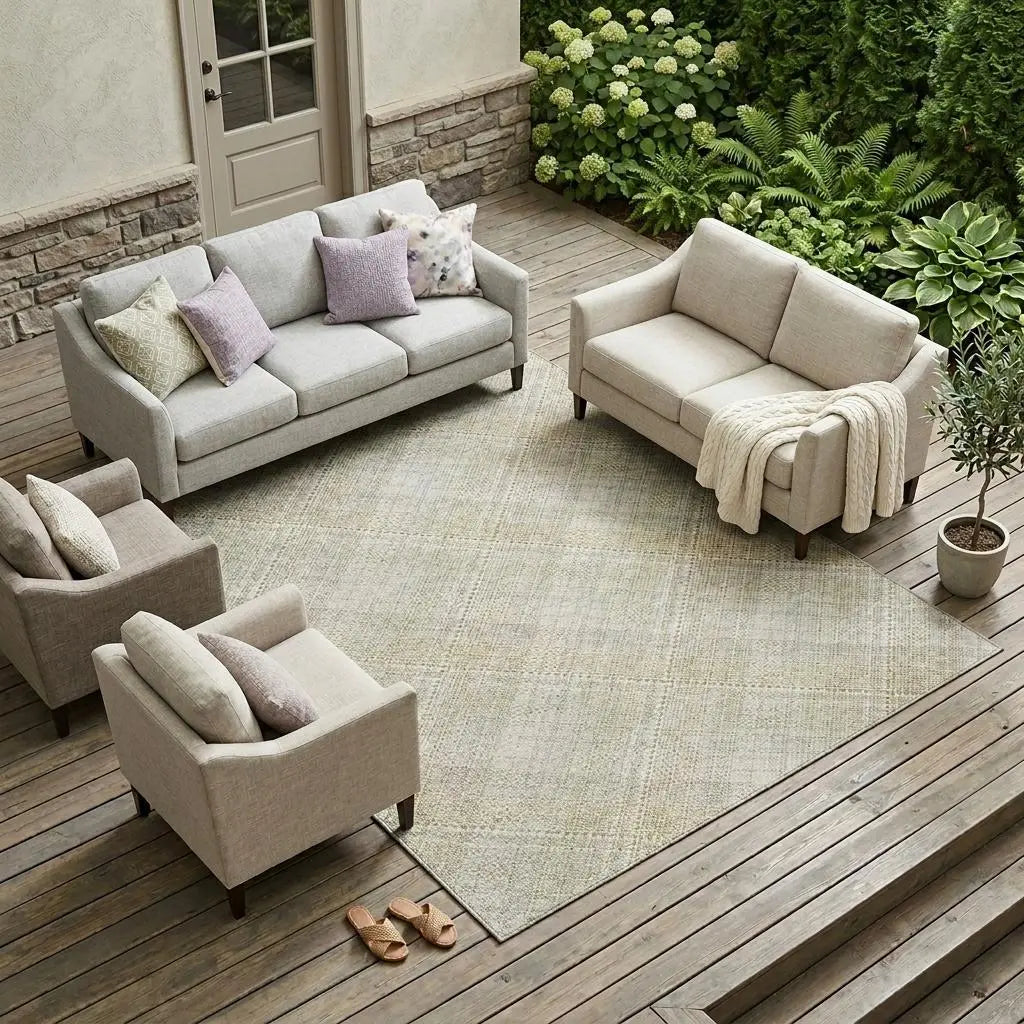 9' X 12' Linen And Ivory Plaid Washable Indoor Outdoor Area Rug Homeroots Outdoor