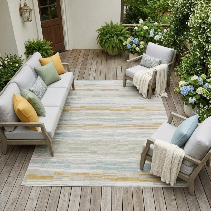 9' X 12' Linen And Ivory Striped Washable Indoor Outdoor Area Rug Homeroots Outdoor