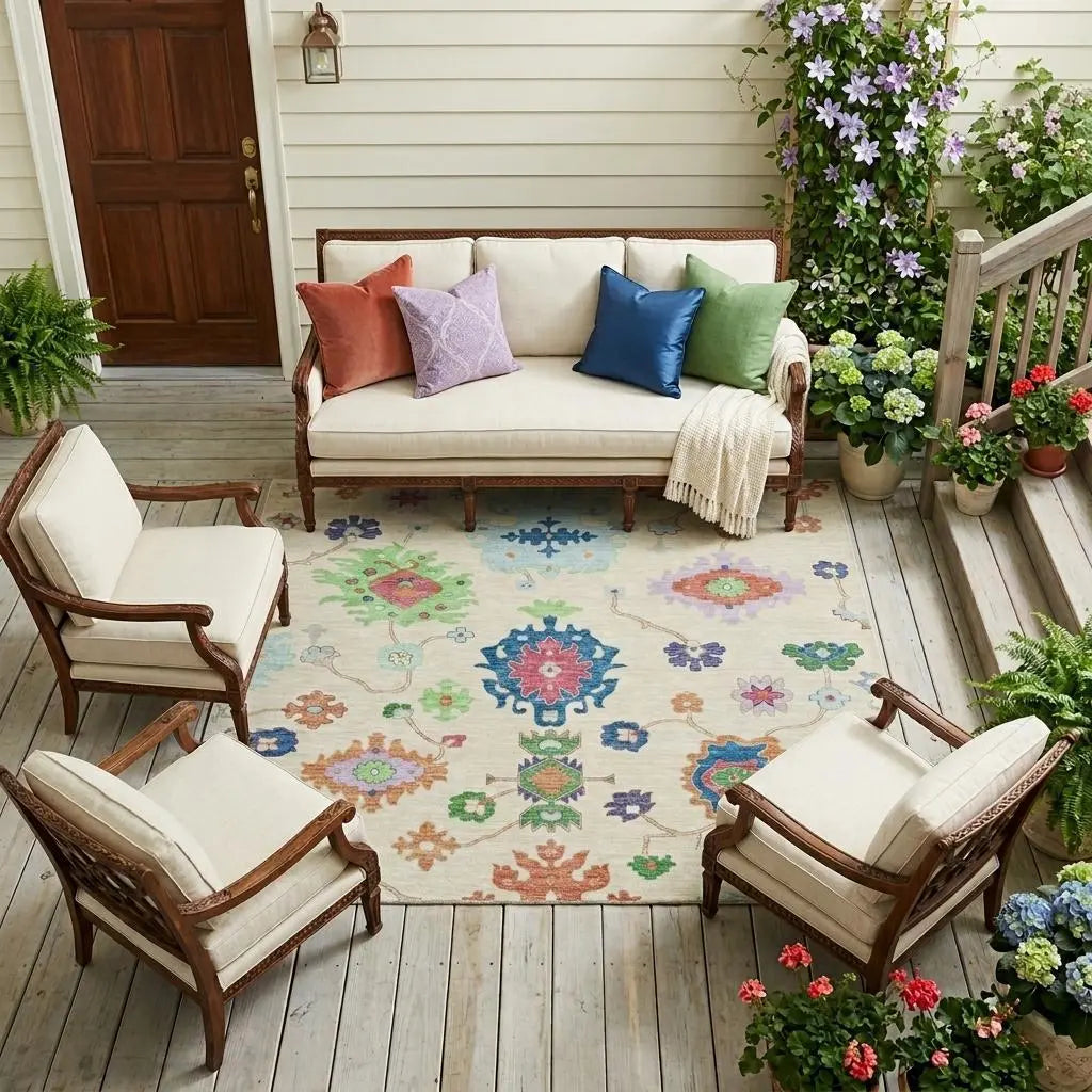 9' X 12' Linen And Navy Blue Oriental Washable Indoor Outdoor Area Rug Homeroots Outdoor