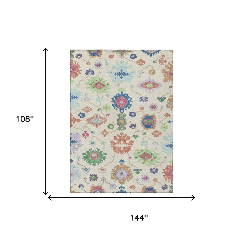 9' X 12' Linen And Navy Blue Oriental Washable Indoor Outdoor Area Rug Homeroots Outdoor