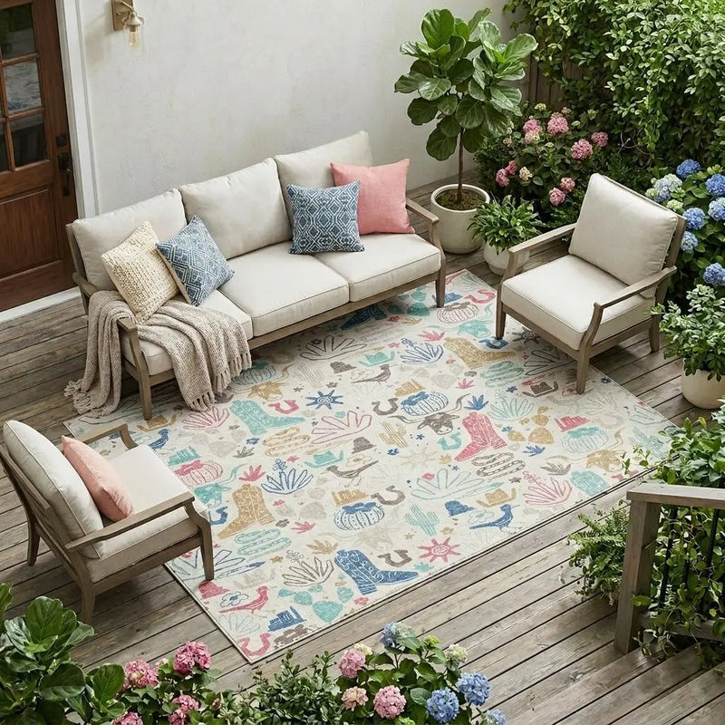 9' X 12' Linen And Pink Cactus Washable Indoor Outdoor Area Rug Homeroots Outdoor