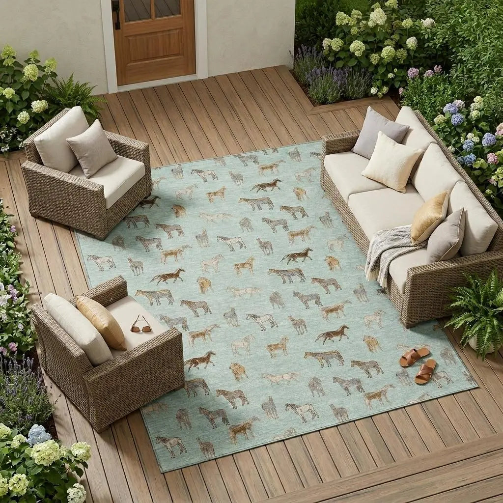 9' X 12' Mint Green And Beige Horse Washable Indoor Outdoor Area Rug Homeroots Outdoor