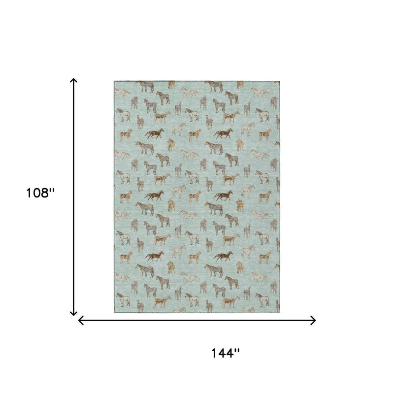 9' X 12' Mint Green And Beige Horse Washable Indoor Outdoor Area Rug Homeroots Outdoor