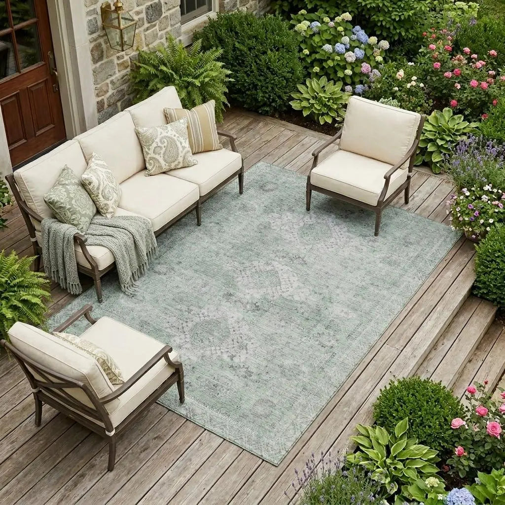 9' X 12' Mint Green And Green Oriental Washable Indoor Outdoor Area Rug Homeroots Outdoor